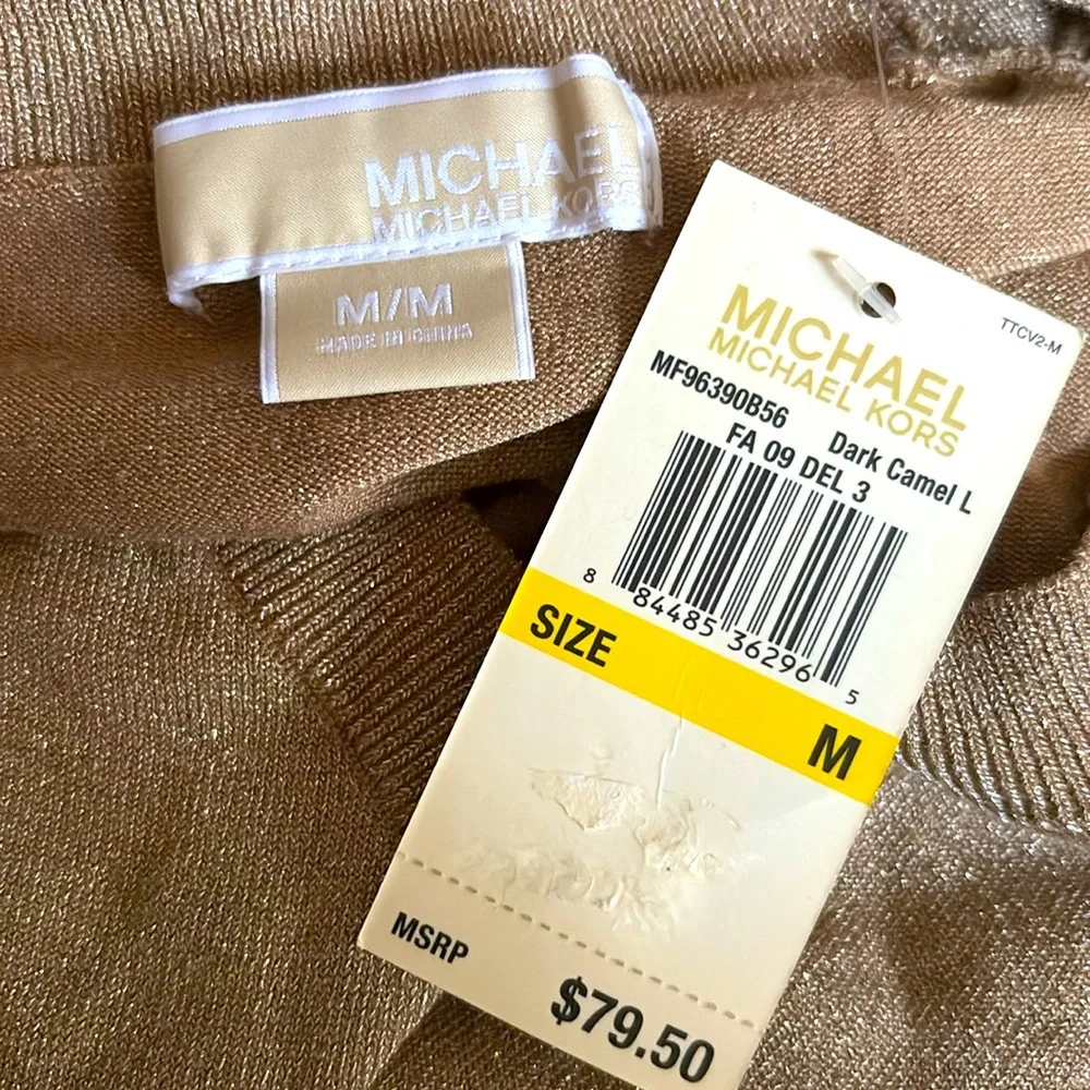 NWT Michael Kors Sweater V Neck Faux Shrug Gold Sparkle / Dark Camel